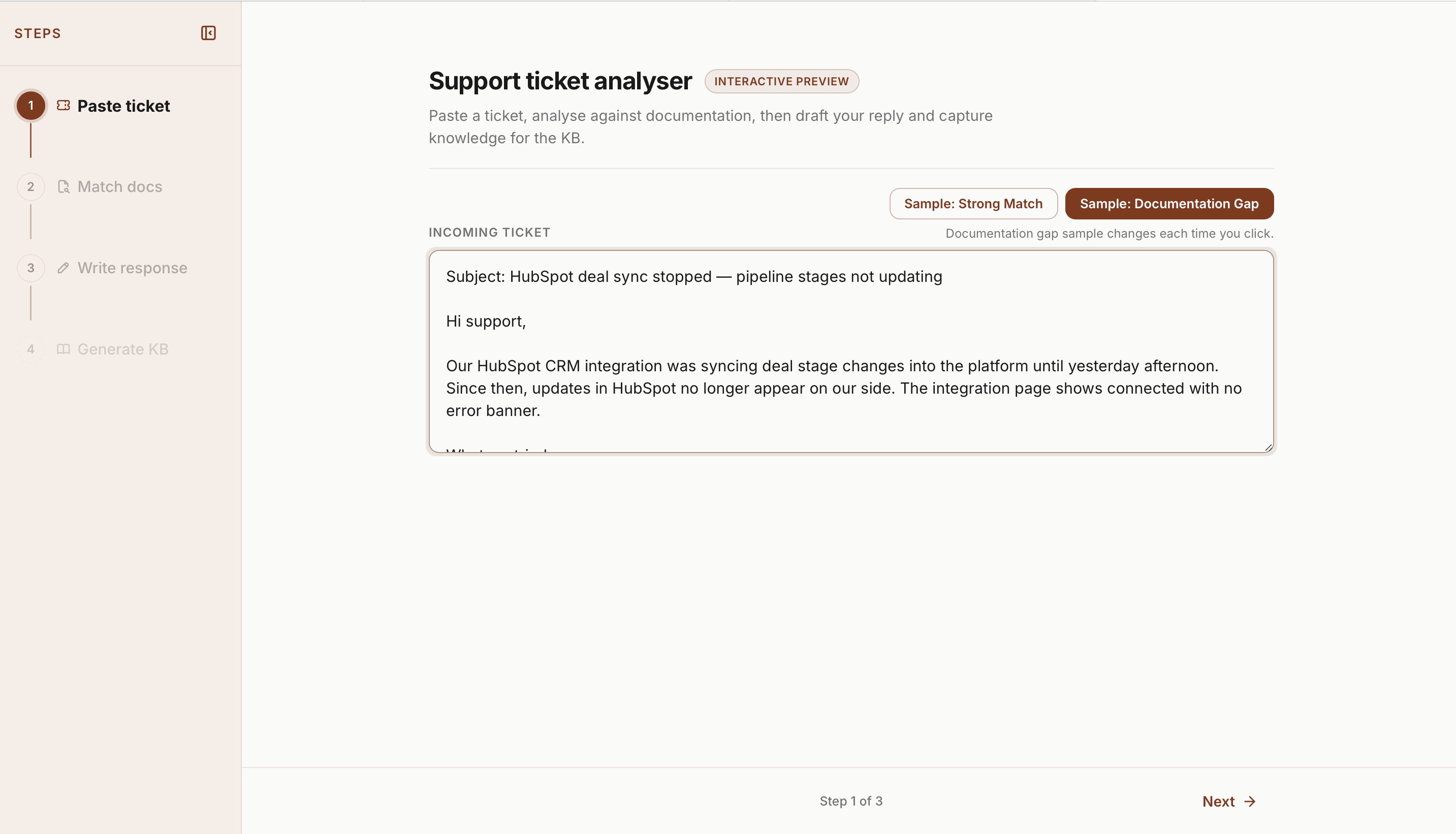 Support Ticket Analyser with a resolved ticket loaded for documentation analysis