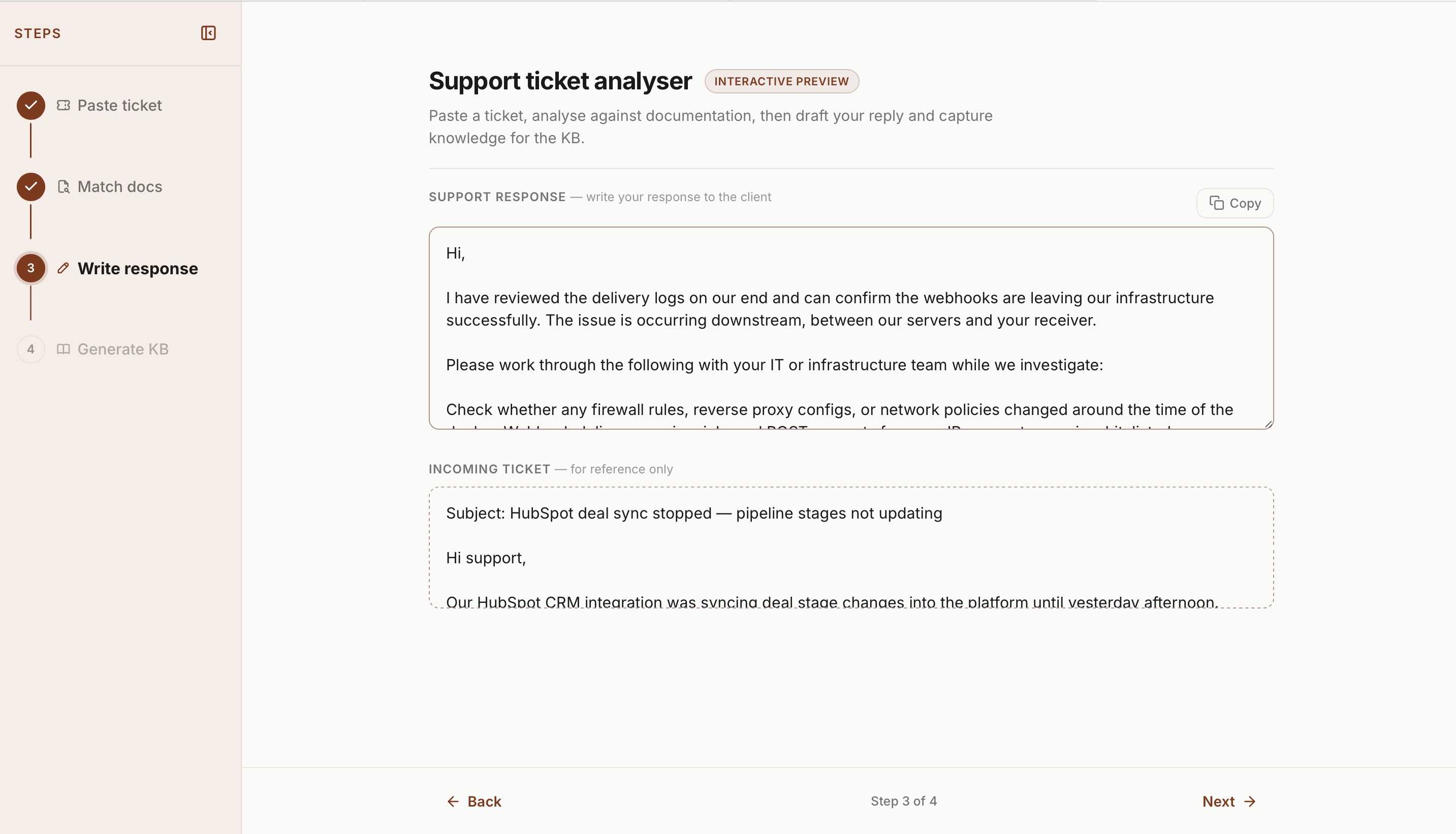 Support Ticket Analyser showing an editable AI-assisted customer response