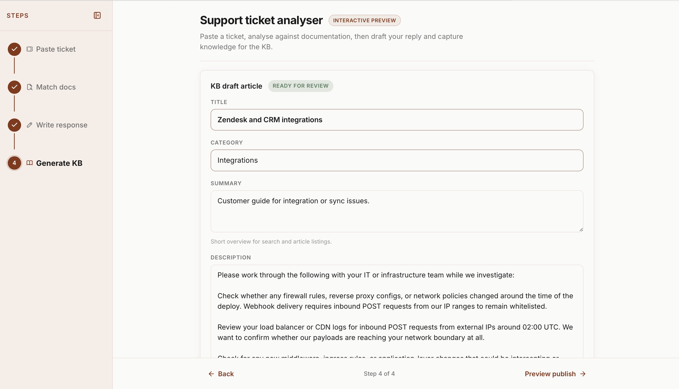 Generated knowledge-base article draft with structured troubleshooting content