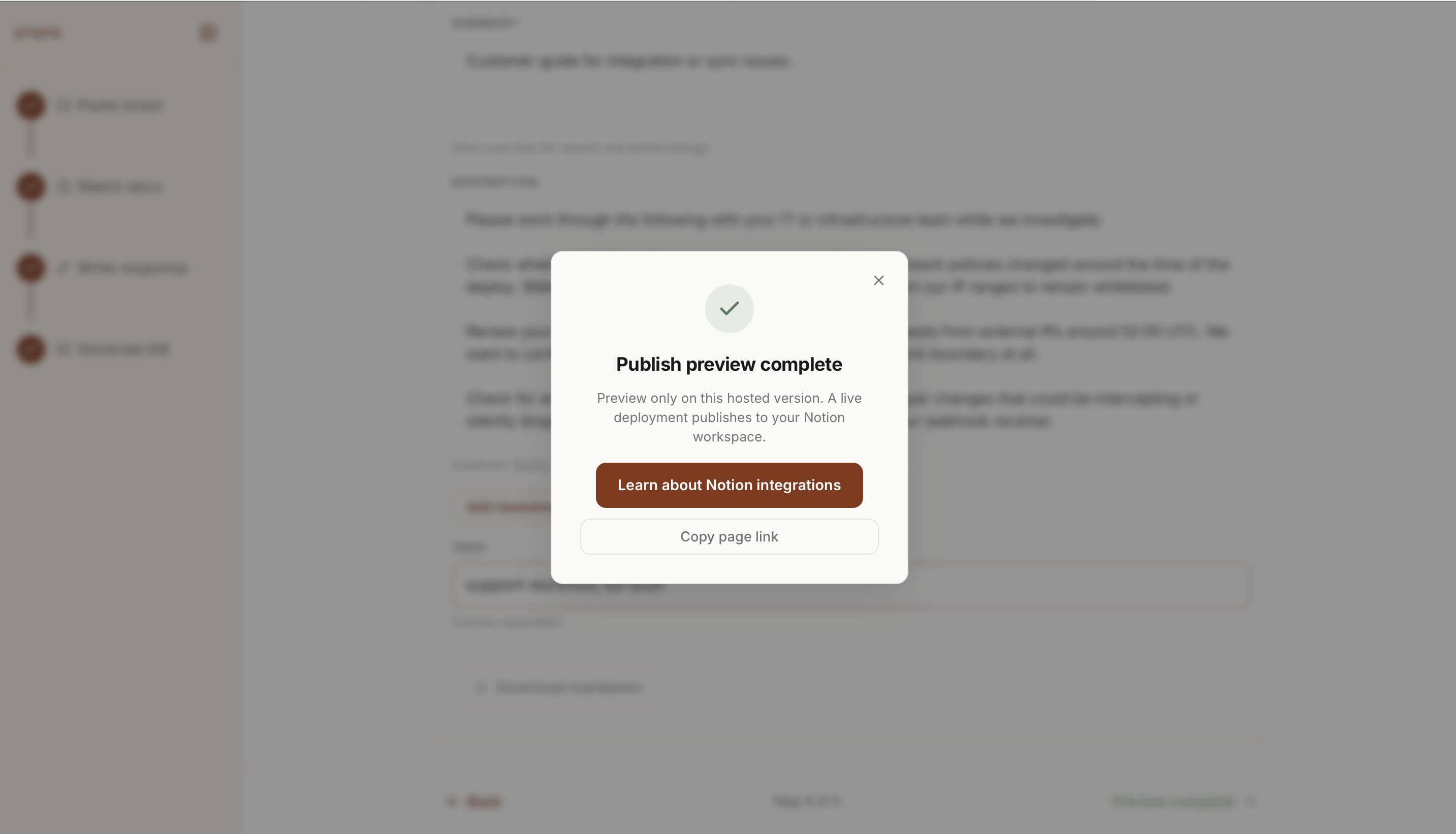 Support Ticket Analyser confirmation after a reviewed article is published
